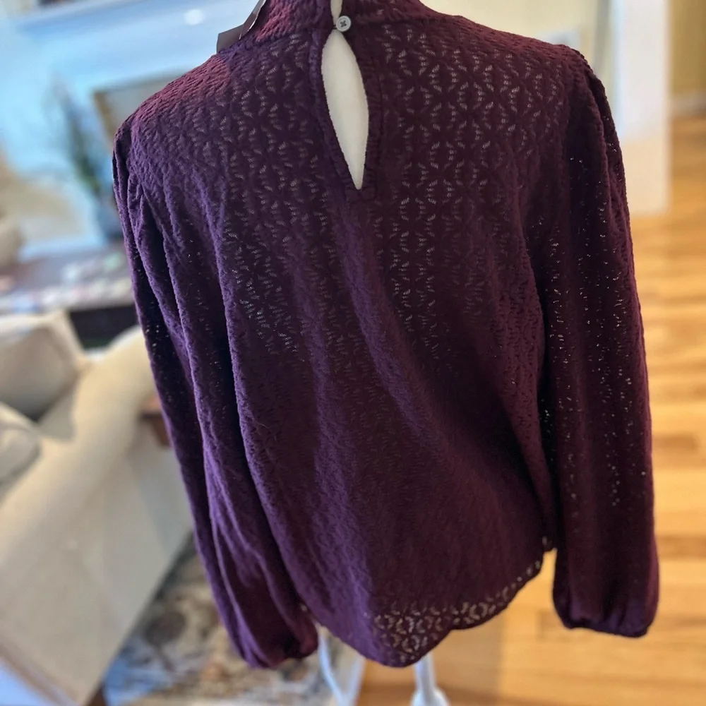 NWT Burgundy Eyelet Mock Neck Blouse Scallop Trim Long Sleeve Top